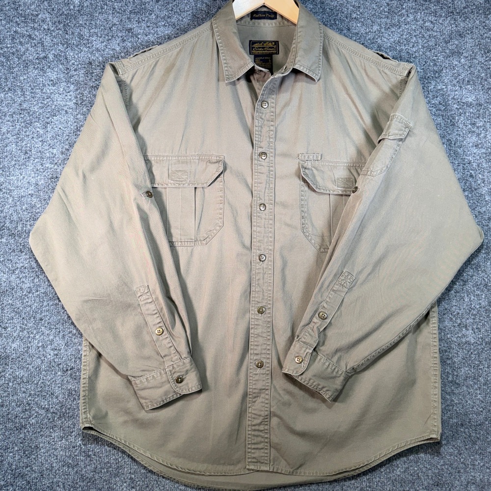 Eddie Bauer Rufton Twill Shirt Mens Large Tan Safari Outdoor Hiking Vintage 90's